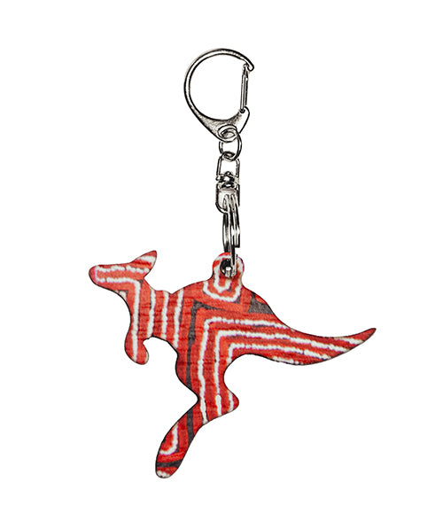 Kangaroo Shape Wooden Keyring (Australian Made) - Thomas Tjapaltjarri