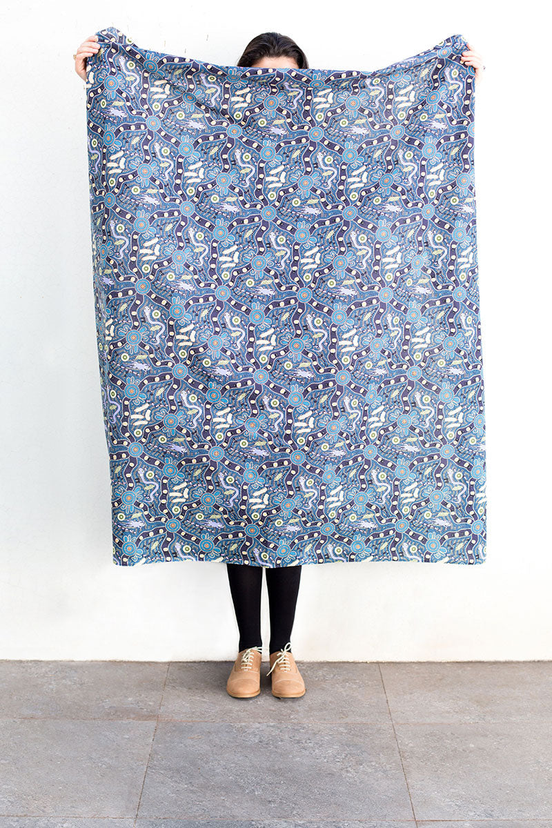 Bush Tucker Blue Aboriginal Pattern COTTON Fabric - 10 METRE BATT - Fair Dinkum Gifts