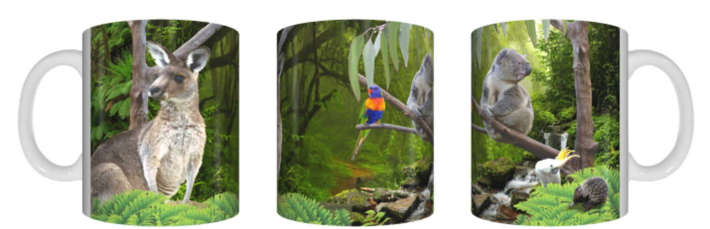 FOREST MONTAGE Mug 325ml Gift Native Aussie Australia Animal Wildlife Birds Koala Kangaroo Cockatoo Echidna - fair-dinkum-gifts