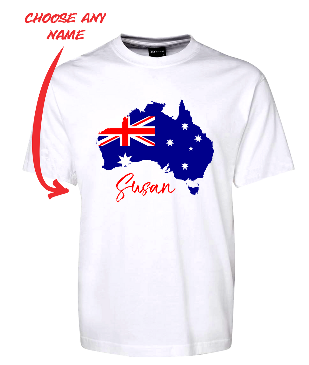 Australia Flag Personalised Tee T Shirt FDG01 1HT 23002 Fair Dinkum Gifts