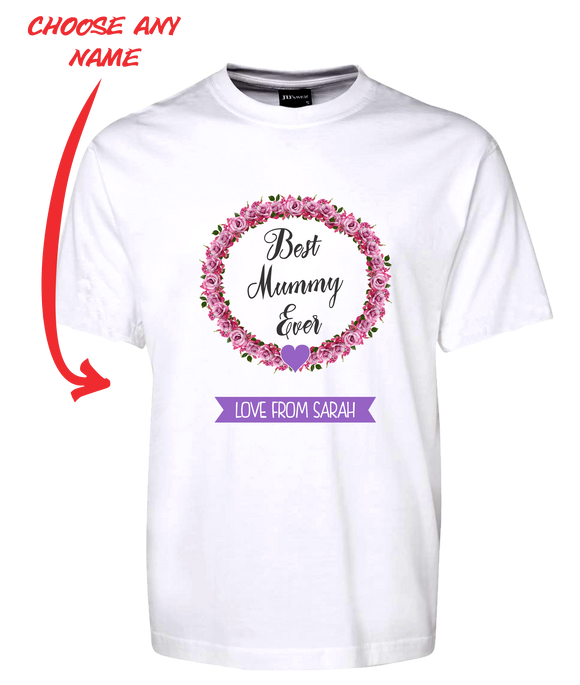 BEST MUMMY EVER T-SHIRT PERSONALISED WITH YOUR NAME PINK ROSES