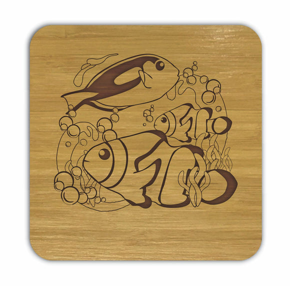 CLOWNFISH AND BLUE TANG Bamboo Coasters Eco Friendly Set Of 4 Drink Coasters in Box - fair-dinkum-gifts