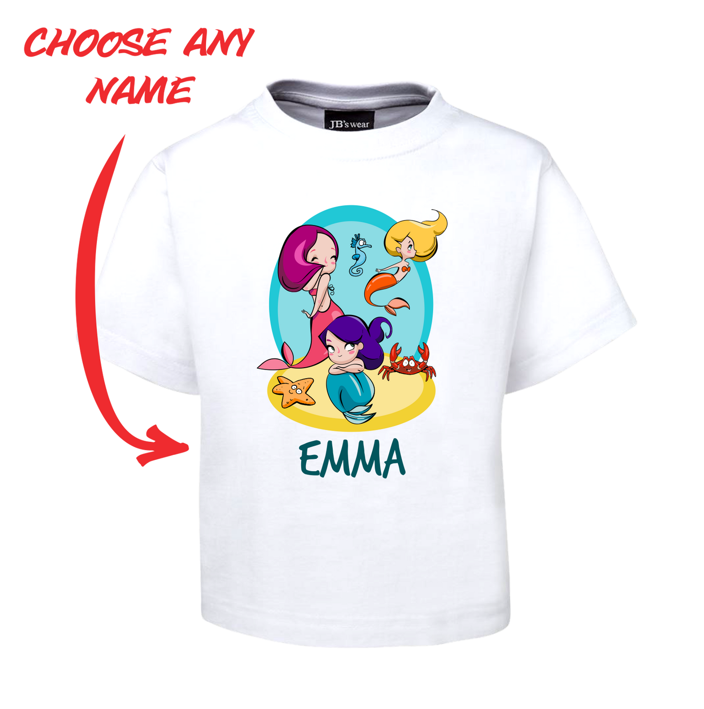 CUTE COMIC MERMAIDS KIDS T-SHIRT PERSONALISED WITH NAME TEE FDG01-1KT-22012 - fair-dinkum-gifts