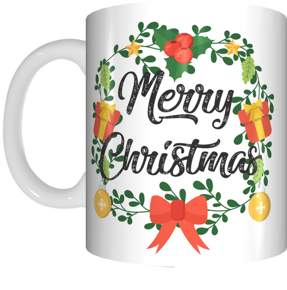 Merry Christmas Wreath Coffee Mug Gift Present Xmas Cup Bow Holly Baubles - fair-dinkum-gifts