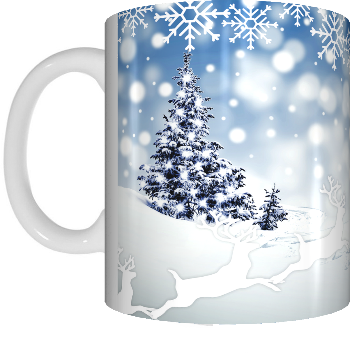 Snow Scene Merry Christmas Coffee Mug Gift Present Xmas Tree Snowflakes Cup Blue White - fair-dinkum-gifts