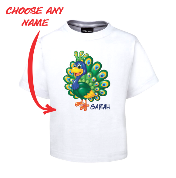 PRETTY PEACOCK KIDS T-SHIRT PERSONALISED WITH NAME TEE FDG01-1KT-22010 - fair-dinkum-gifts