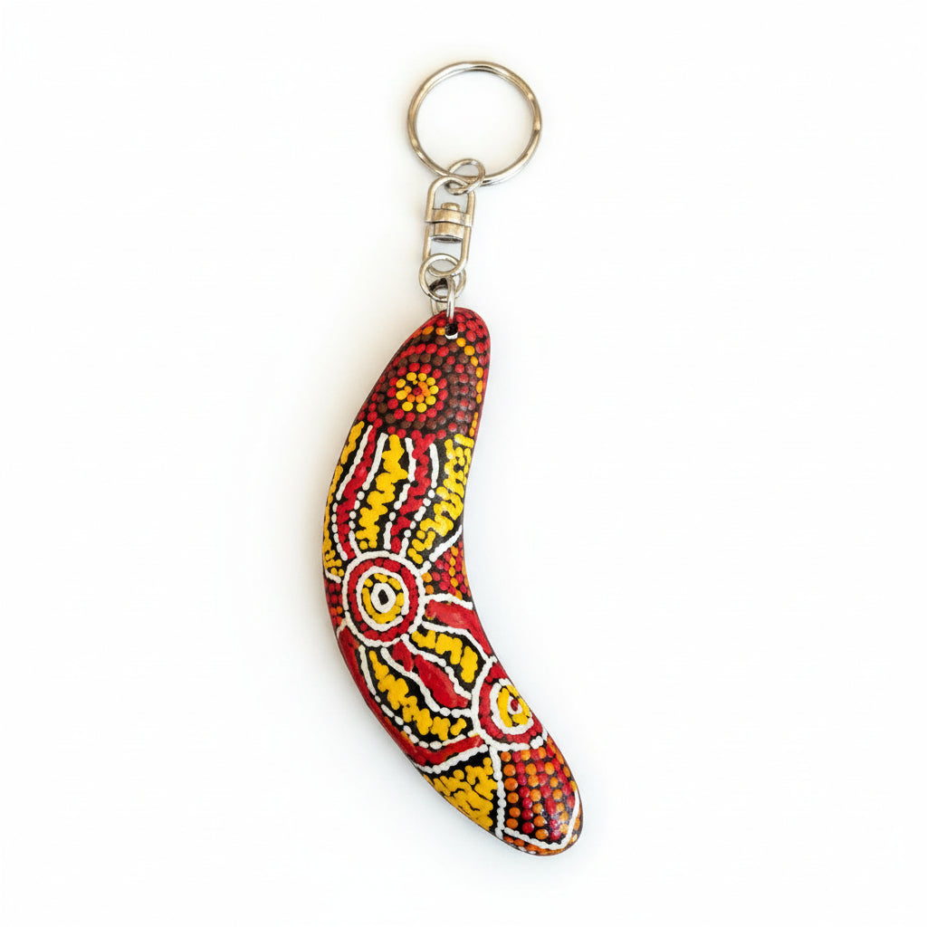 Hand Painted Boomerang Keyring - Alison Munti Riley Red/Yellow - Fair Dinkum Gifts
