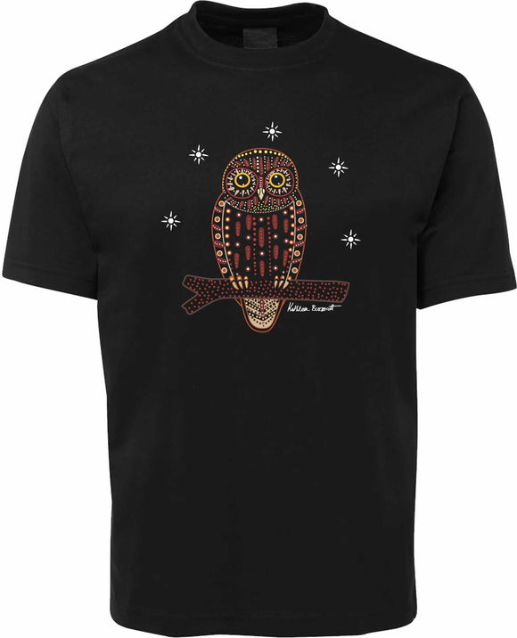 ABORIGINAL DESIGN T-SHIRT BY KATHLEEN BUZZACOTT - BOO BOOK OWL