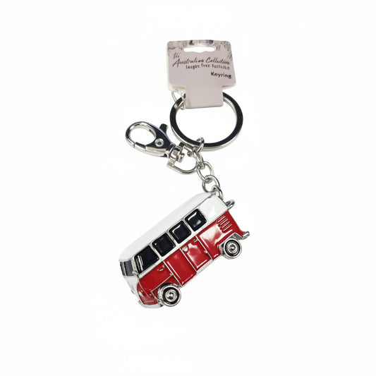 Red and white keychain shaped like a Combi Van on a white background