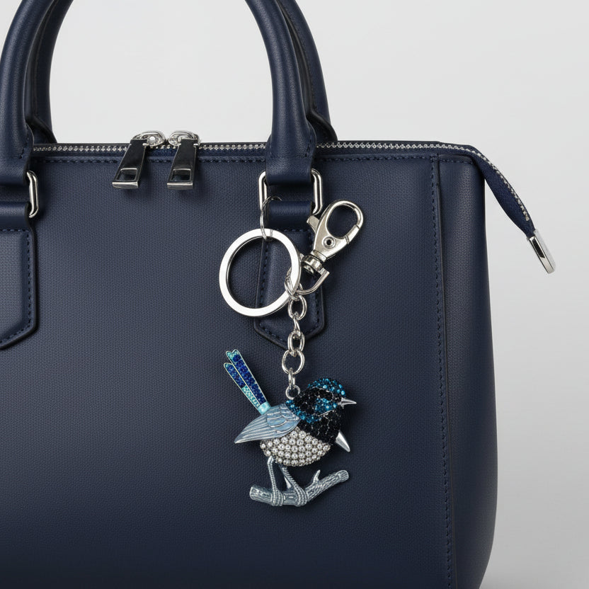 Keychain with decorative elements  
Blue fairy wren bling keyring on bag