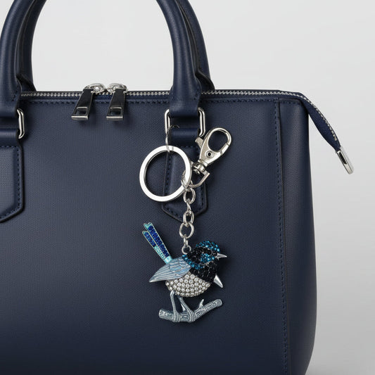 Keychain with decorative elements  
Blue fairy wren bling keyring on bag