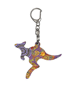 Kangaroo Shape Wooden Keyring (Australian Made) - Women Gathering At Waterholes By Merryn Apma