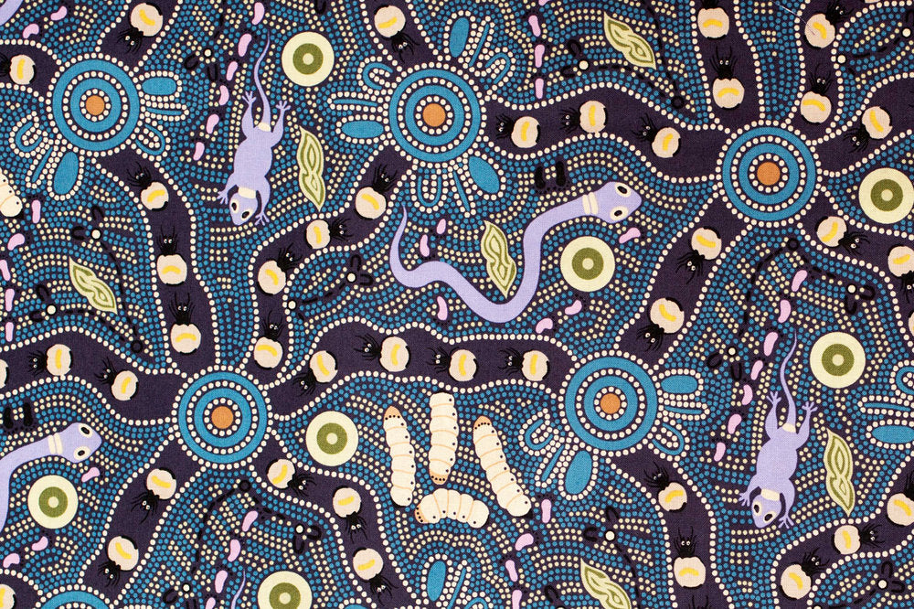 Bush Tucker Blue Aboriginal Pattern COTTON Fabric - 10 METRE BATT - Fair Dinkum Gifts