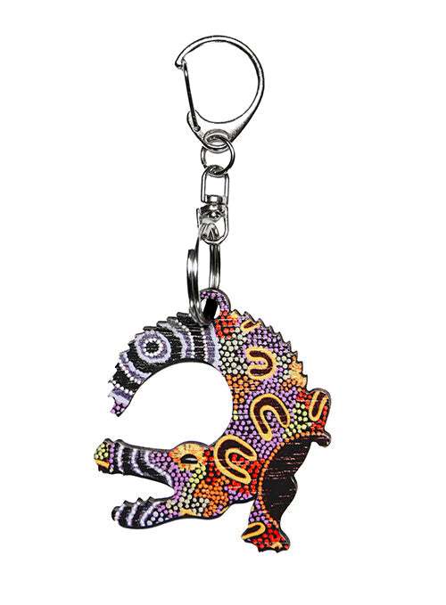 Crocodile Shape Wooden Keyring (Australian Made) - Women Gathering At Waterholes By Merryn Apma