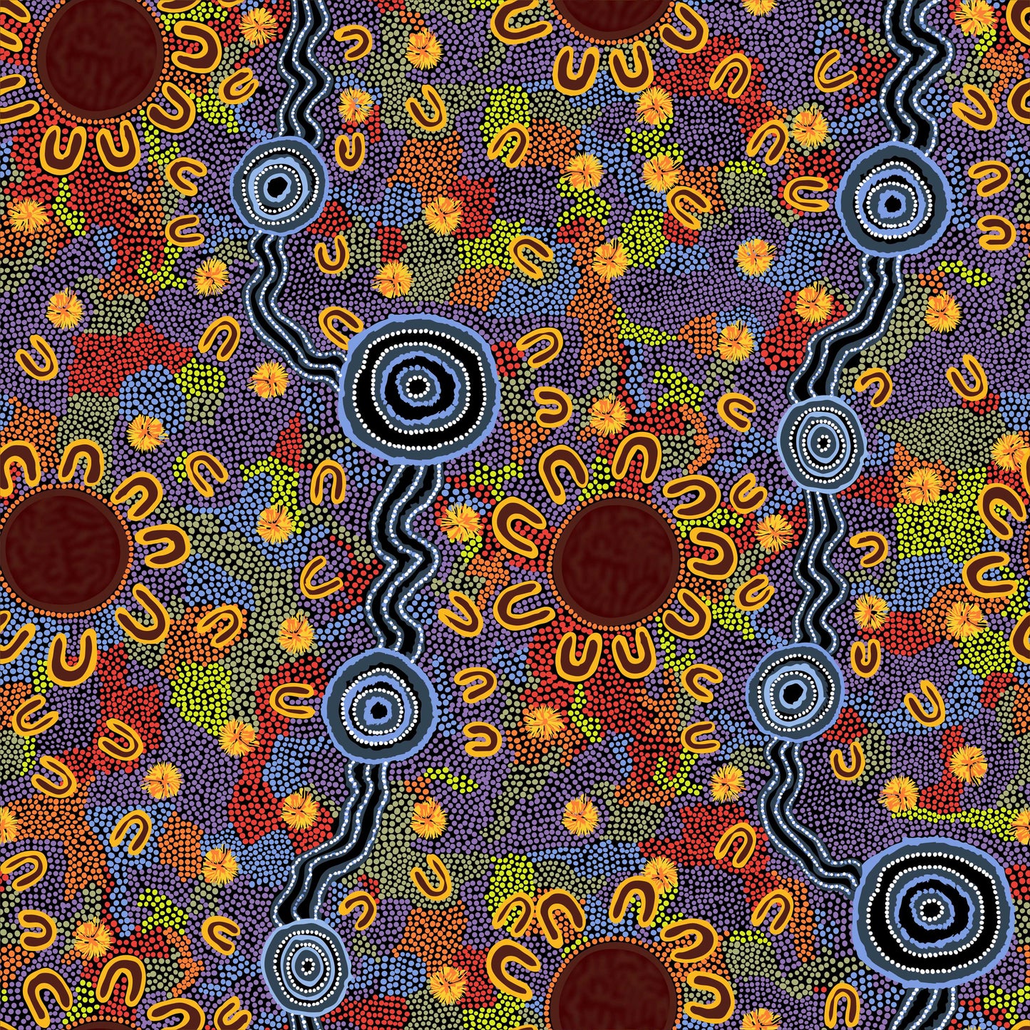 Women At Waterholes Aboriginal Pattern COTTON Fabric - 10 METRE BATT - Fair Dinkum Gifts