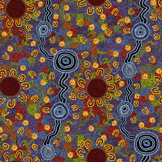 Women At Waterholes Aboriginal Pattern COTTON Fabric - 10 METRE BATT - Fair Dinkum Gifts