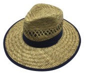 Wide Brim Straw Hat With Navy Trim And Chin Strap - fair-dinkum-gifts
