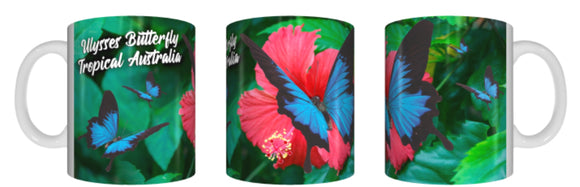 ULYSSES BUTTERFLY AND RED HIBISCUS Mug Cup 325ml Gift Aussie Australia Native Flowers Butterflies - fair-dinkum-gifts
