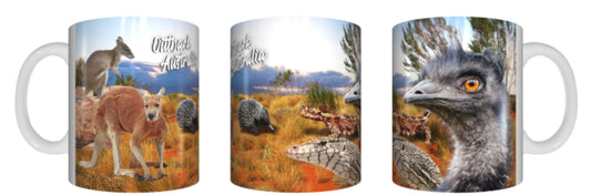 OUTBACK Australia Montage Mug 325ml Terrestrial Fauna Gift Aussie Australia Animal Native Emu Kangaroo Echidna - fair-dinkum-gifts