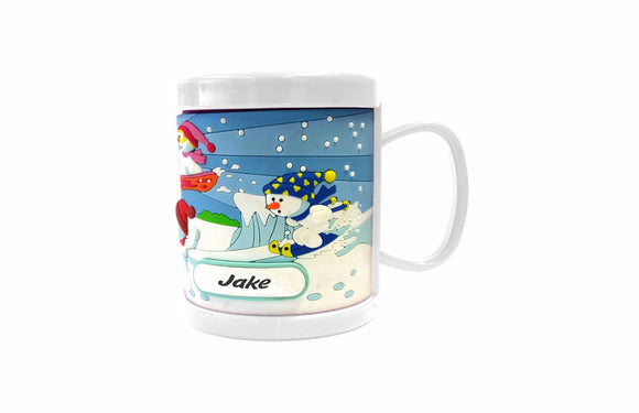 2 PACK PERSONALISED KIDS 3D MUG PVC MOULDED CUP BOOF SNOWMAN DESIGN WITH CUSTOMISABLE NAME TAB - fair-dinkum-gifts
