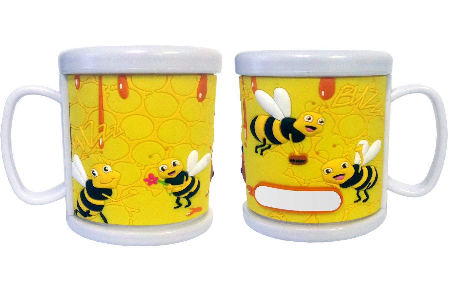 PERSONALISED KIDS 3D MUG PVC MOULDED CUP COMIC BEES WITH CUSTOMISABLE NAME TAB - fair-dinkum-gifts