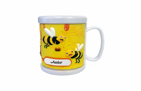PERSONALISED KIDS 3D MUG PVC MOULDED CUP COMIC BEES WITH CUSTOMISABLE NAME TAB - fair-dinkum-gifts