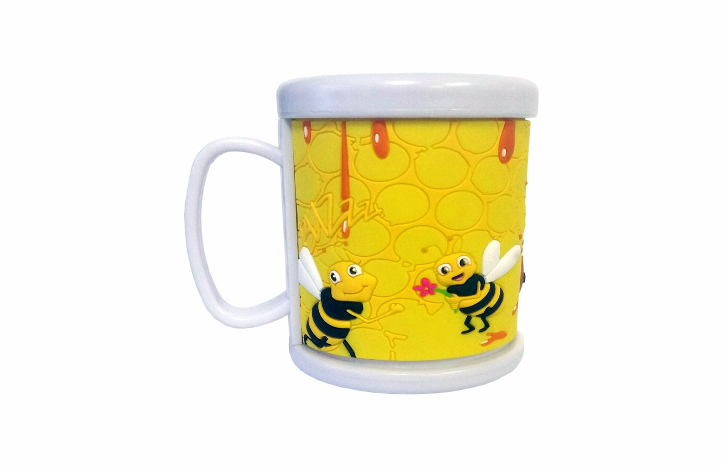 PERSONALISED KIDS 3D MUG PVC MOULDED CUP COMIC BEES WITH CUSTOMISABLE NAME TAB - fair-dinkum-gifts