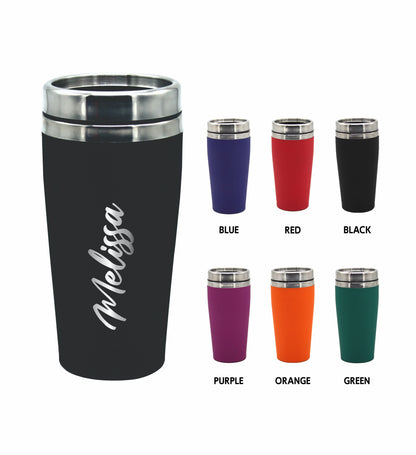 Personalised Rubber Coated Travel Mug LARGE 475ml Gift Cup Choose Your Colour - fair-dinkum-gifts