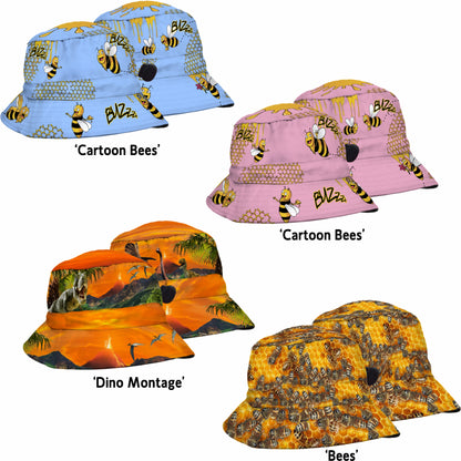 SUBLIMATED KIDS BUCKET HAT CARTOON BEES HONEY DINOSAURS BOYS OR GIRLS - fair-dinkum-gifts
