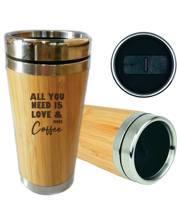 All You Need Is Love & More Coffee Bamboo Travel Mug Flask 450ml Gift Eco Friendly - fair-dinkum-gifts