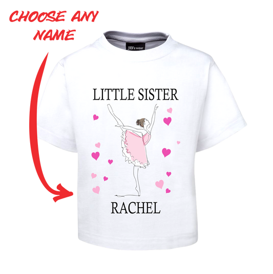 LITTLE SISTER BALLERINA KIDS T-SHIRT PERSONALISED WITH YOUR NAME BALLET DANCER TEE FDG01-1KT-22006 - fair-dinkum-gifts