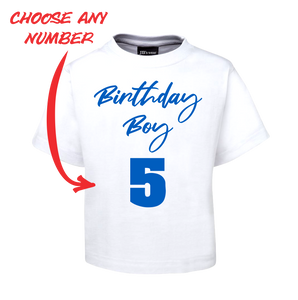 BIRTHDAY BOY KIDS T-SHIRT PERSONALISED WITH AGE BLUE AND WHITE TEE FDG01-1KT-22008/2 - fair-dinkum-gifts