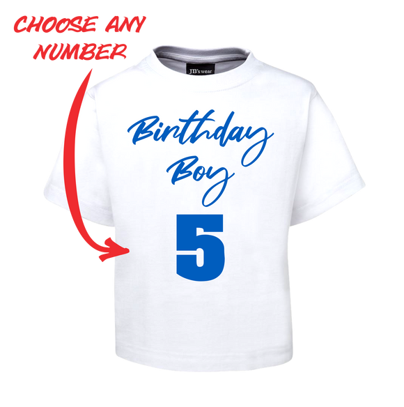 BIRTHDAY BOY KIDS T-SHIRT PERSONALISED WITH AGE BLUE AND WHITE TEE FDG01-1KT-22008/2 - fair-dinkum-gifts
