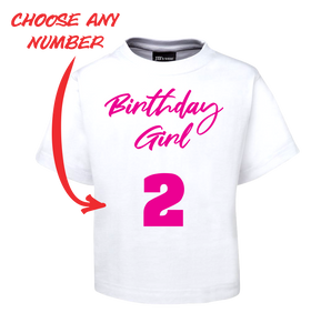 BIRTHDAY GIRL KIDS T-SHIRT PERSONALISED WITH AGE PINK AND WHITE TEE FDG01-1KT-22007 - fair-dinkum-gifts
