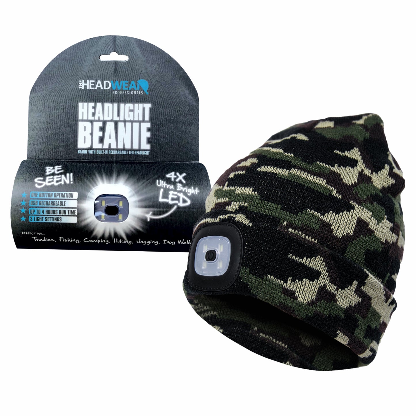 Headlight Beanie Hat Orange Black Blue Camo LED USB Rechargeable - fair-dinkum-gifts