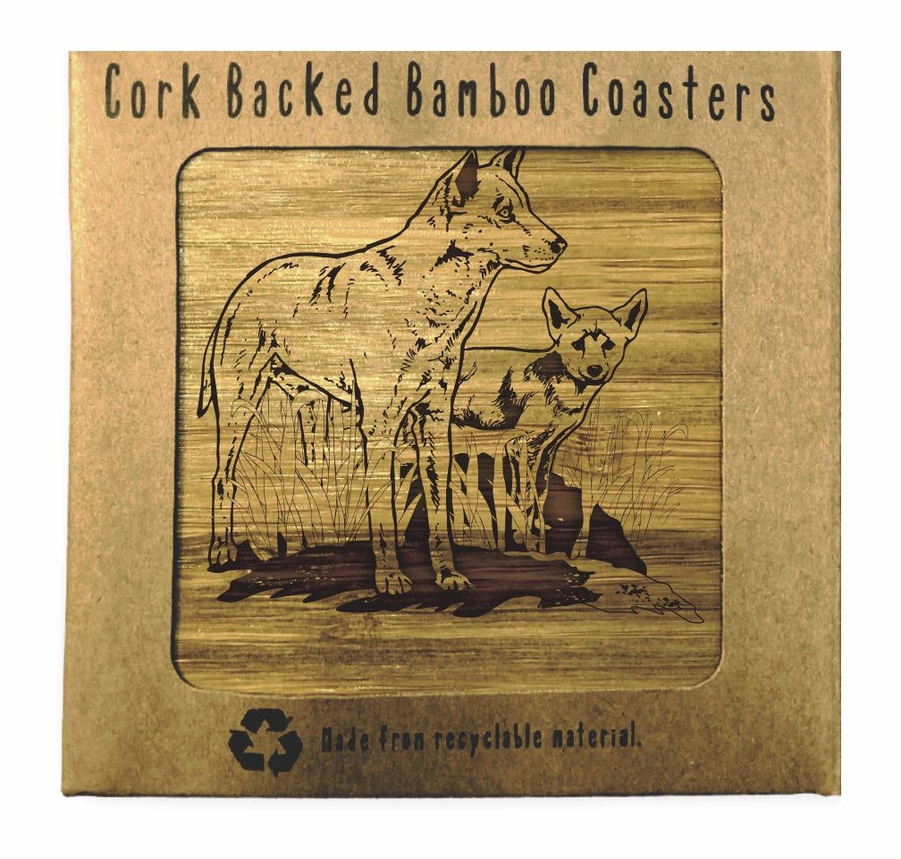 DINGO AND PUP Bamboo Coasters Eco Friendly Set Of 4 Drink Coasters in Box - fair-dinkum-gifts