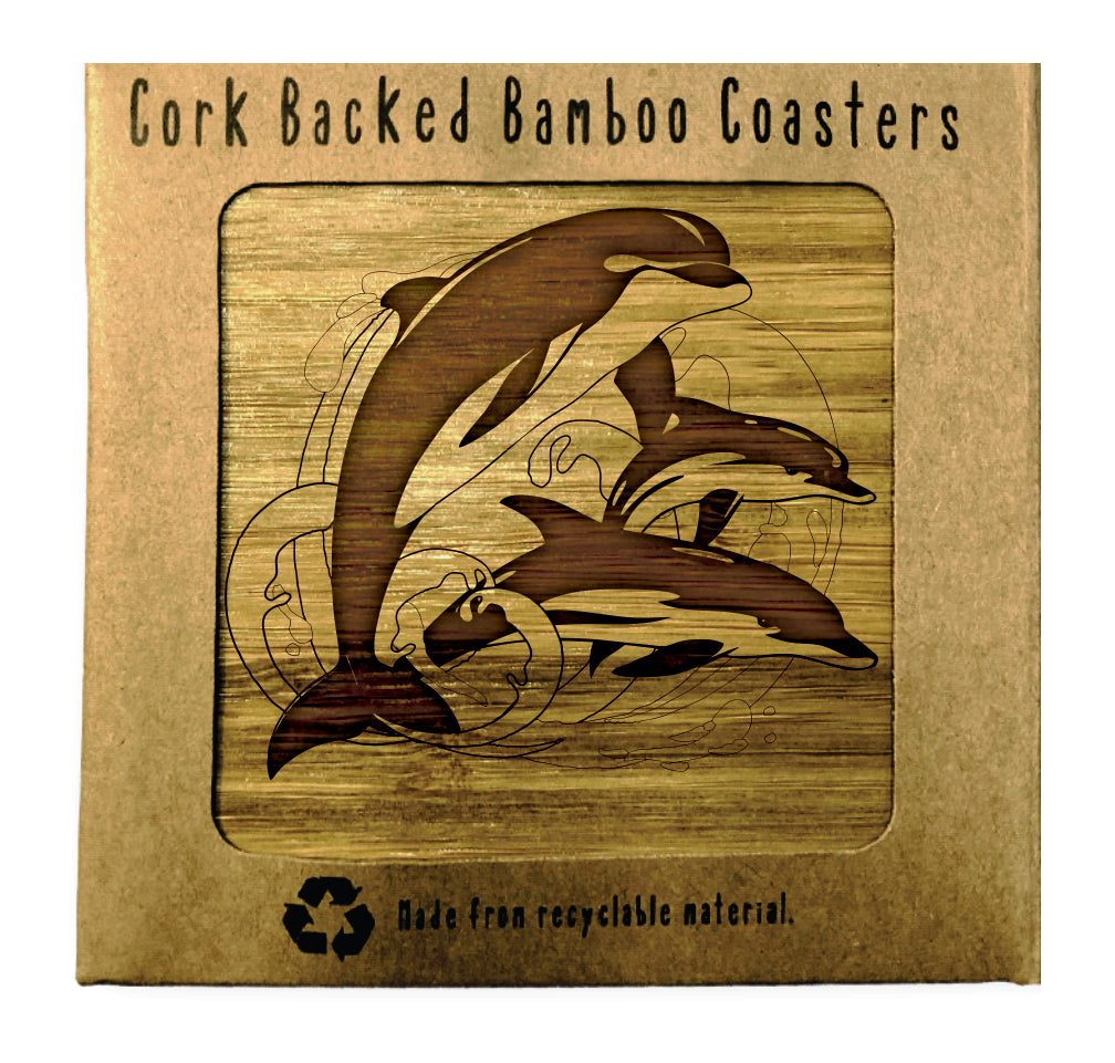 DOLPHINS Bamboo Coasters Eco Friendly Set Of 4 Drink Coasters in Box - fair-dinkum-gifts