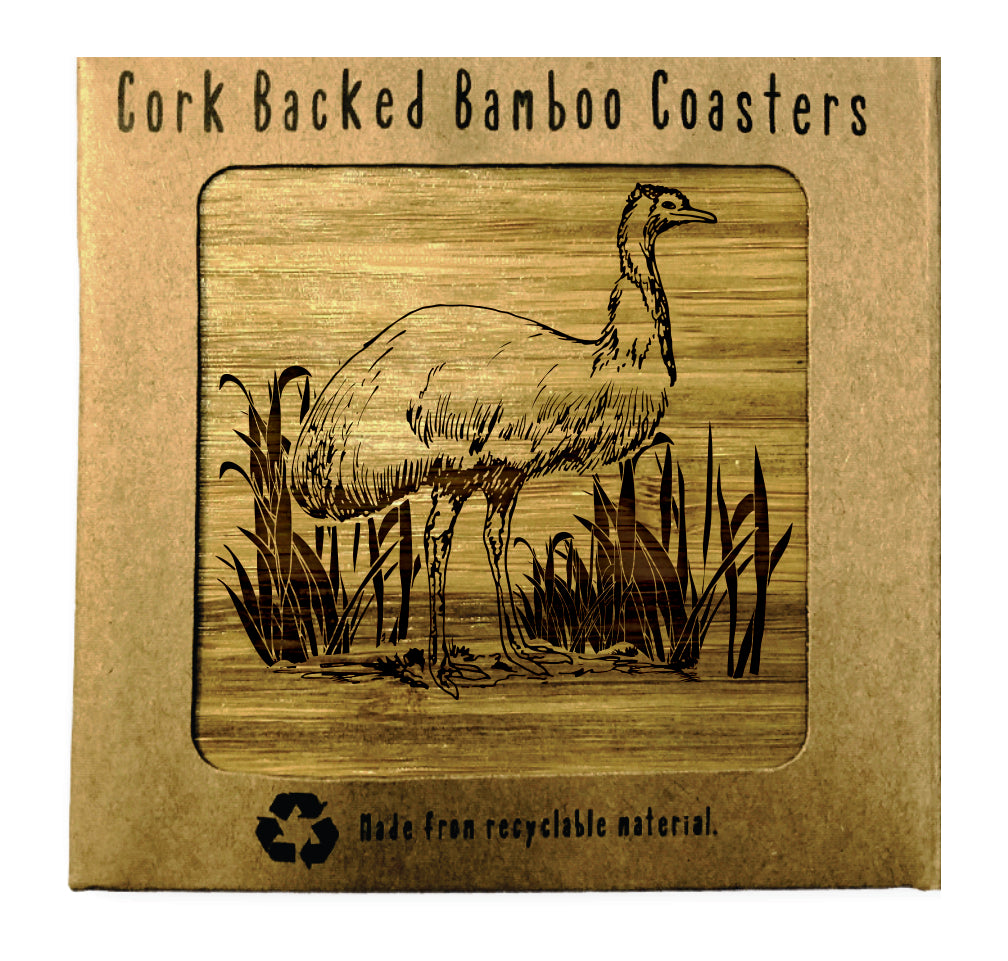 EMU Bamboo Coasters Eco Friendly Set Of 4 Drink Coasters in Box - fair-dinkum-gifts