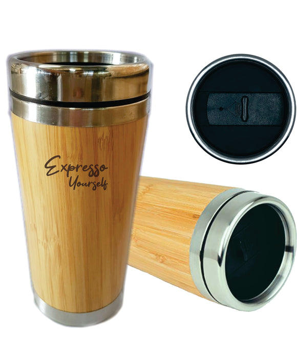Expresso Yourself Bamboo Travel Mug Flask 450ml Gift Tea Coffee Cup Eco Friendly Stainless Steel - fair-dinkum-gifts