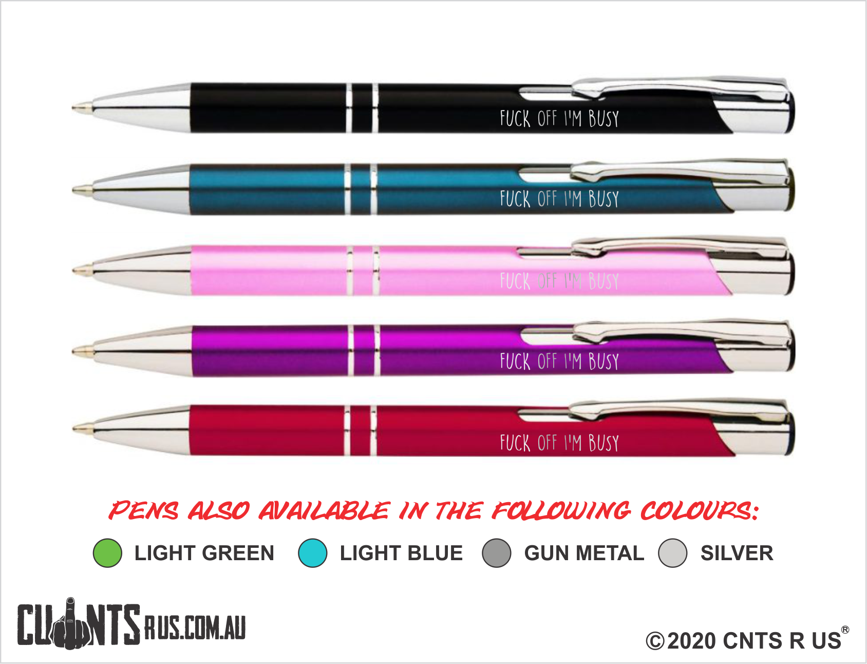 Fuck Off I'm Busy!! Laser Engraved  Superior Quality Metal Pens Pack Of 5 - Choose From 9 Different Colours including Black, Dark Blue, Pink, Purple, Red, Light Green, Light Blue, Gunmetal Grey and Silver