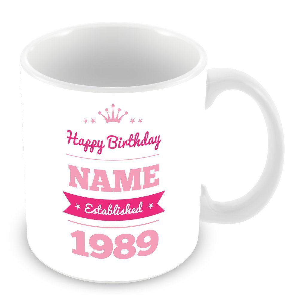 Happy Birthday Personalised Name Date Mug Customised Gift Blue Or Pink - fair-dinkum-gifts