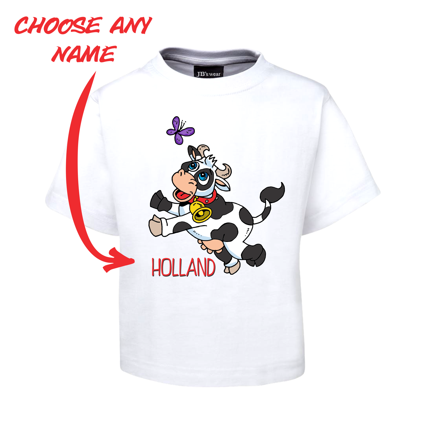 JUMPING COW AND BUTTERFLY KIDS T-SHIRT PERSONALISED WITH NAME TEE FDG01-1KT-22011 - fair-dinkum-gifts
