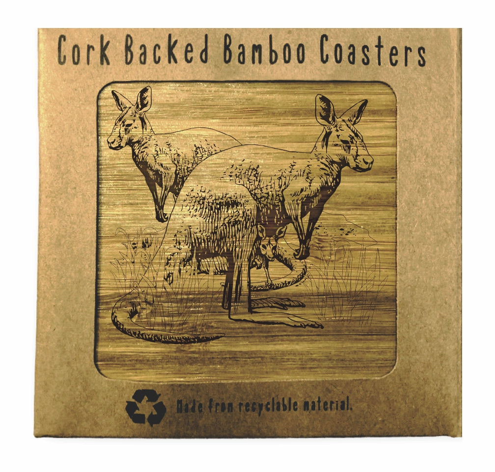 KANGAROOS Bamboo Coasters Eco Friendly Set Of 4 Drink Coasters in Box - fair-dinkum-gifts