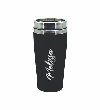 Personalised Rubber Coated Travel Mug LARGE 475ml Gift Cup Choose Your Colour - fair-dinkum-gifts