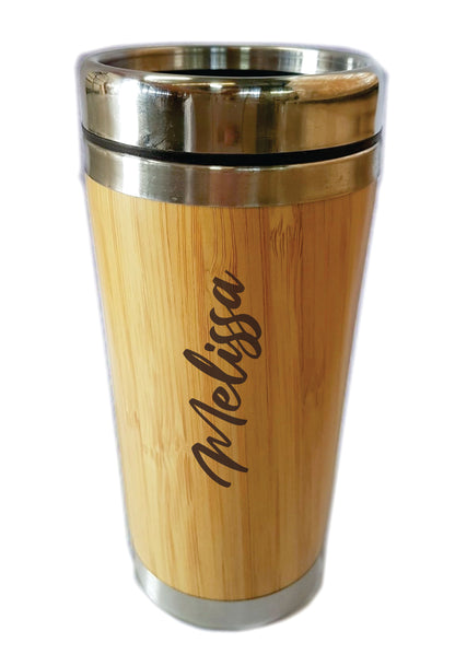 Personalised Bamboo Travel Mug Flask 450ml Gift Eco Friendly Stainless Steel Customised - fair-dinkum-gifts