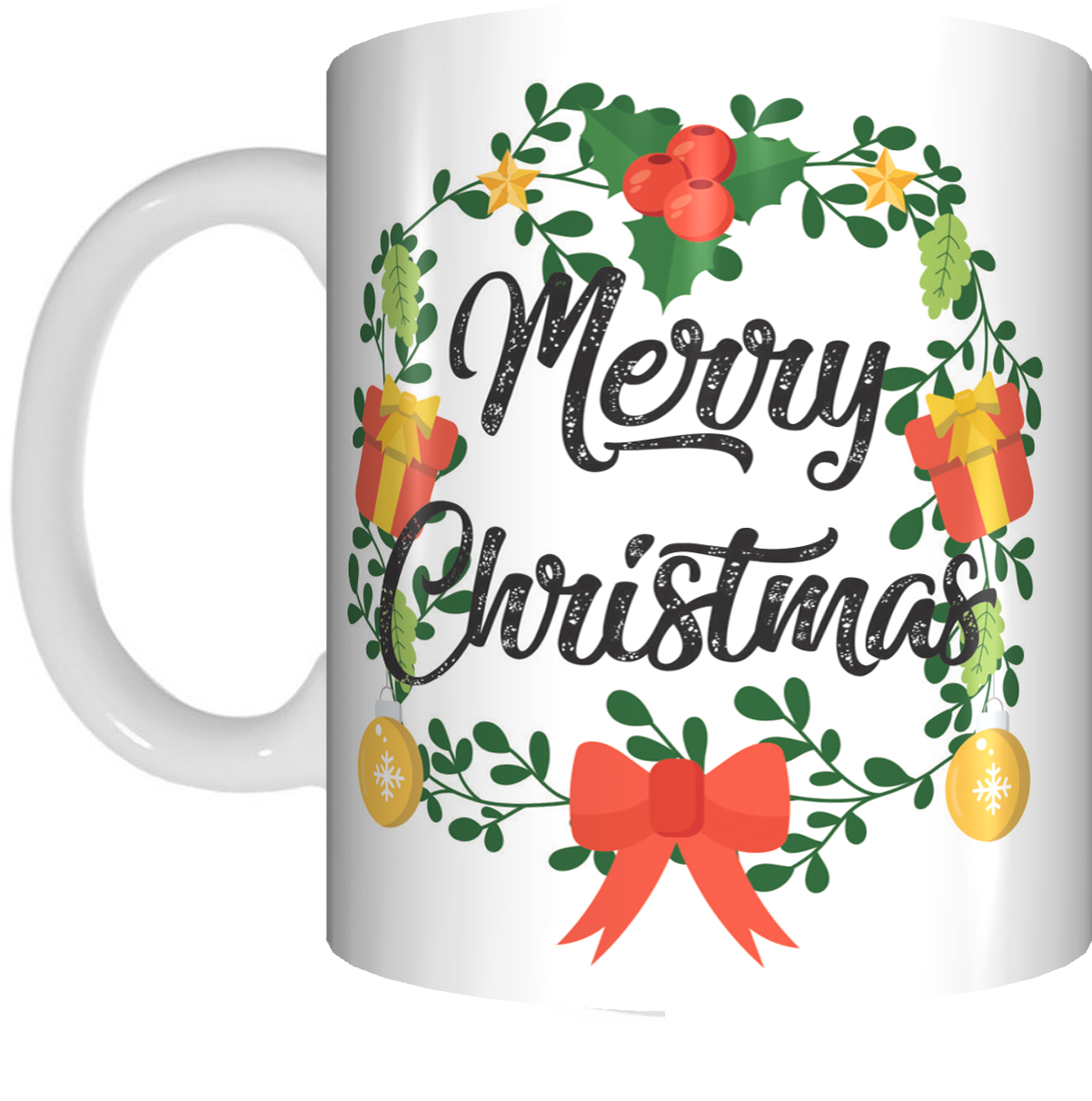 Merry Christmas Wreath Coffee Mug Gift Present Xmas Cup Bow Holly Baubles - fair-dinkum-gifts