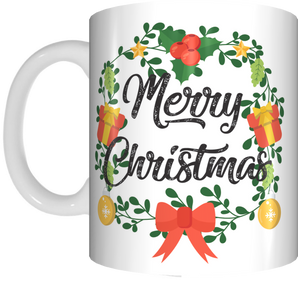 Merry Christmas Wreath Coffee Mug Gift Present Xmas Cup Bow Holly Baubles - fair-dinkum-gifts