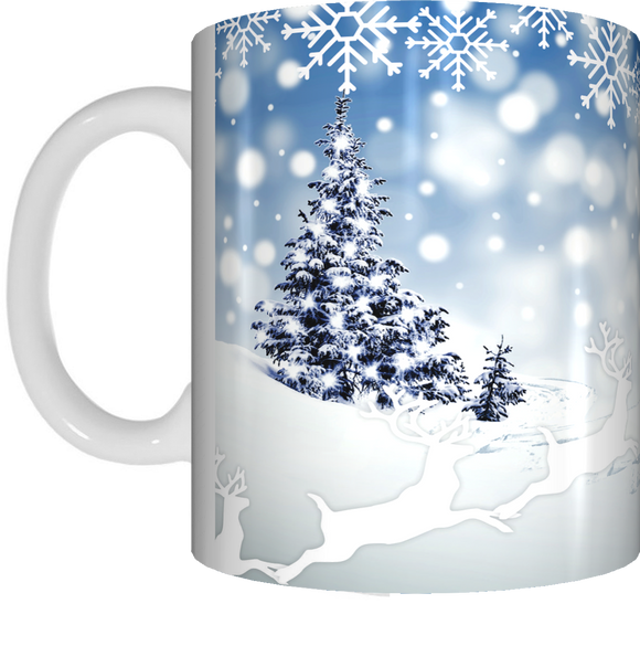 Snow Scene Merry Christmas Coffee Mug Gift Present Xmas Tree Snowflakes Cup Blue White - fair-dinkum-gifts