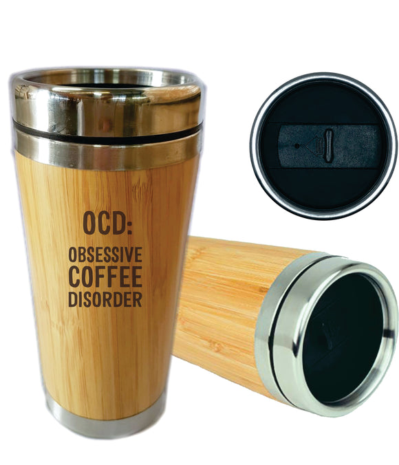 OCD Obsessive Coffee Disorder Bamboo Travel Mug Flask 450ml Gift Eco Friendly - fair-dinkum-gifts