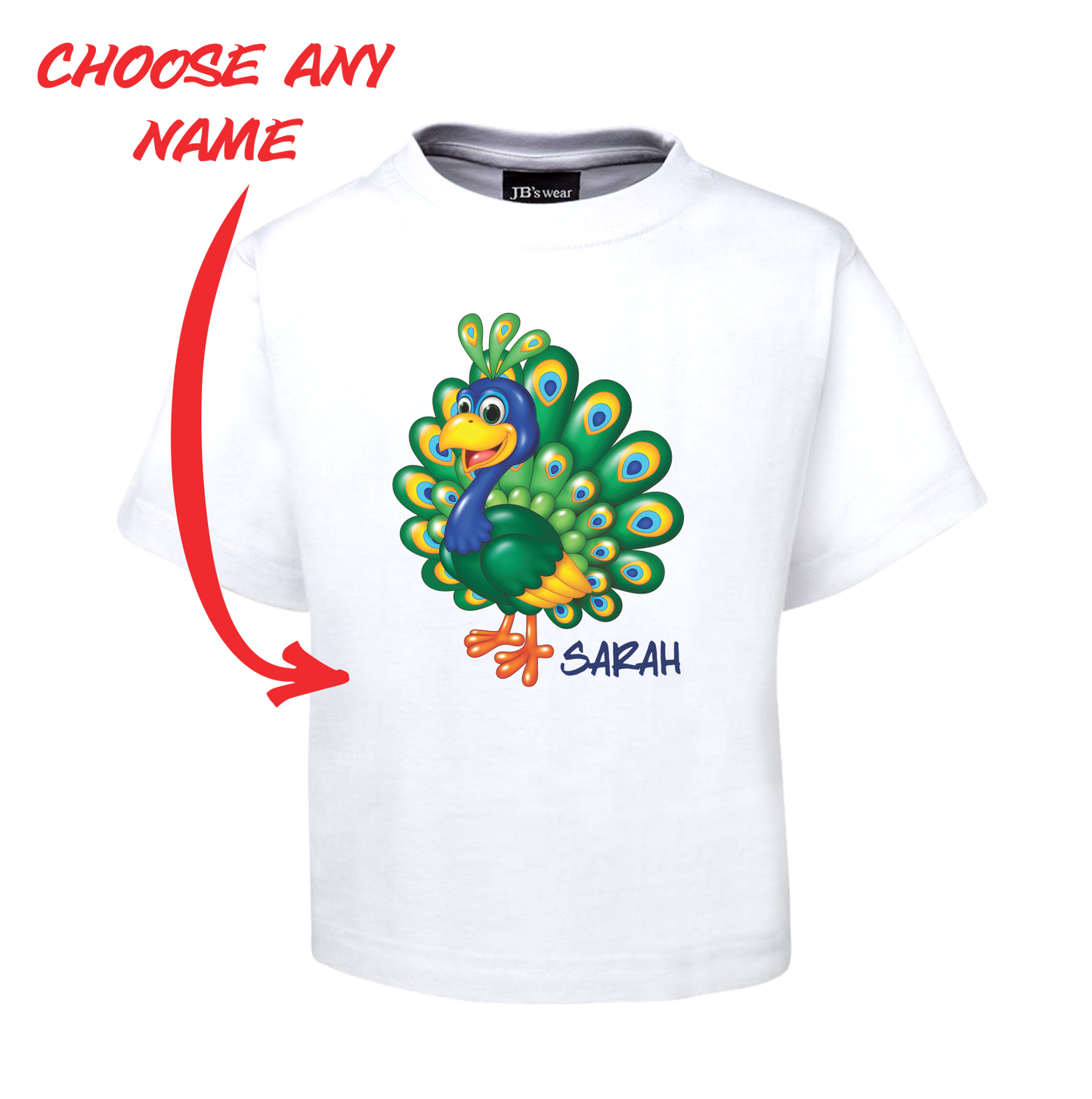 PRETTY PEACOCK KIDS T-SHIRT PERSONALISED WITH NAME TEE FDG01-1KT-22010 - fair-dinkum-gifts
